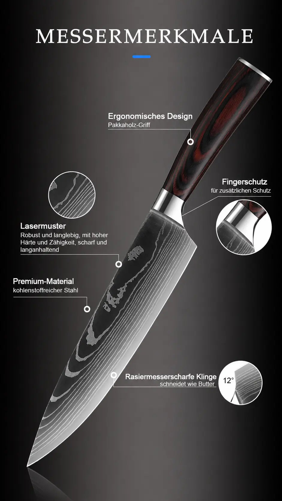 Veluro® Premium Messer Set – 9-teilig (Hochkohlenstoffstahl + Pakkaholz)